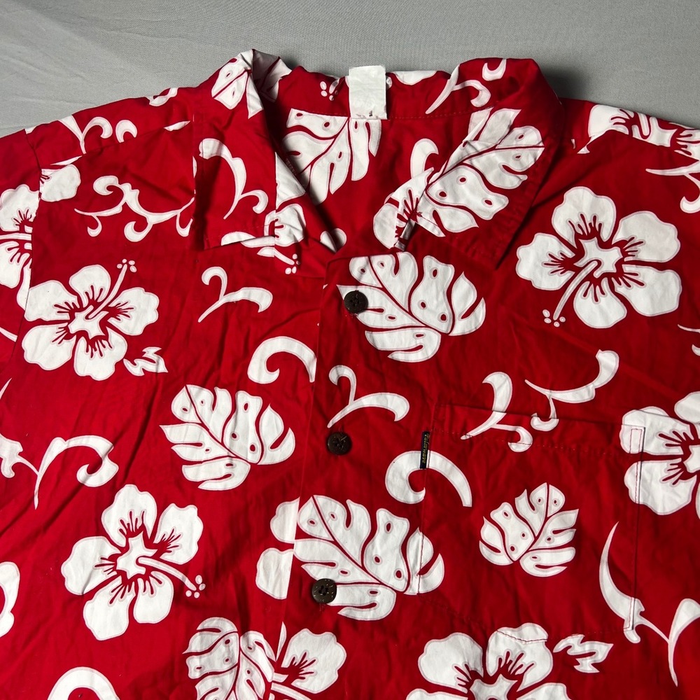 Palmwave Hawaii Mens Red White Hibiscus Floral Cotton Aloha Shirt Large C90-A190
